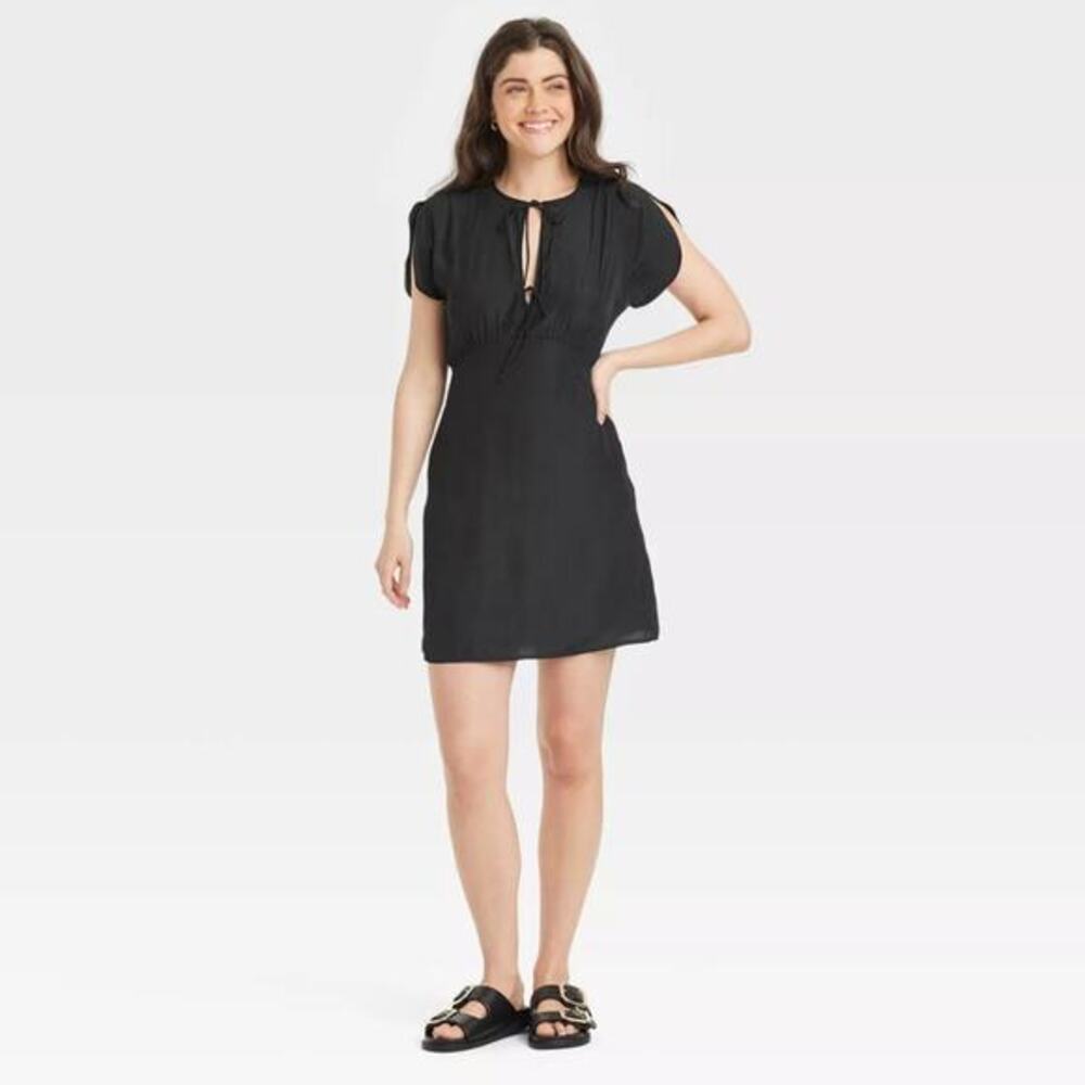 Universal Thread Womens Black Tie Front Flutter Short Sleeve Mini A Line Dress S